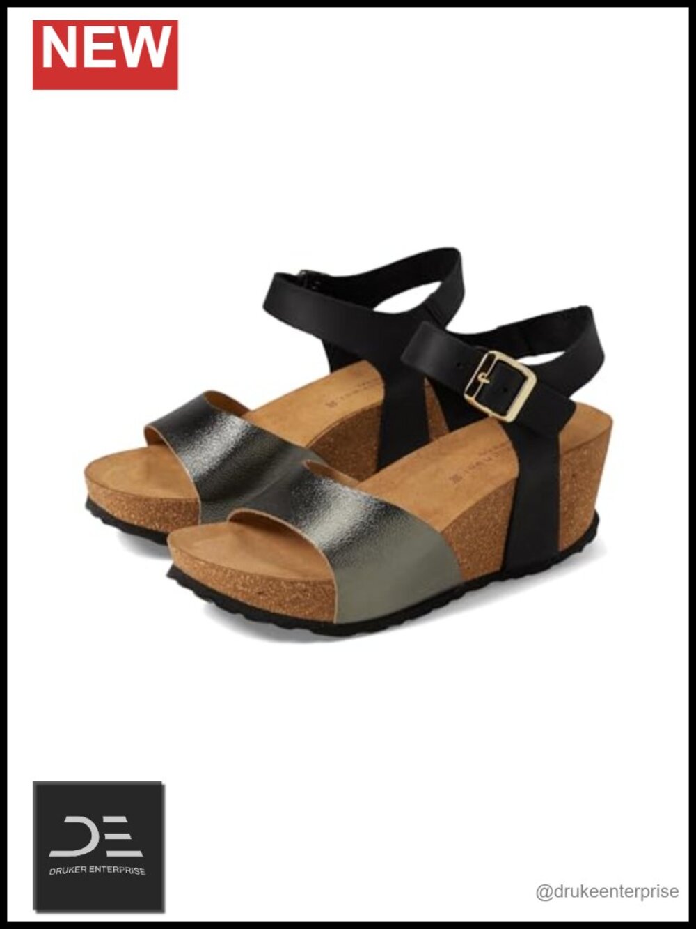 Eric Michael Women's Wedge Sandals Leather Open Toe Adjustable Ankle Strap